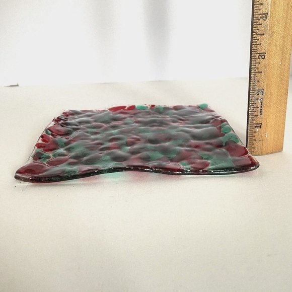 Fused Art Glass Trinket Tray Ring Dish Catch All Cranberry Red Mint Green 6x6.5 - Picture 6 of 6